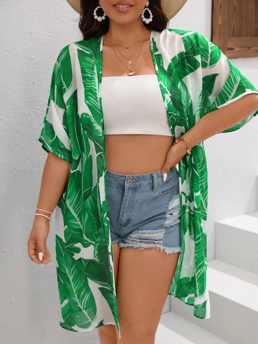 SHEIN VCAY 大碼熱帶圖案和服罩衫 - 綠色 - 查看 1