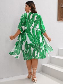 SHEIN VCAY 大碼熱帶圖案和服罩衫 - 綠色 - 查看 4