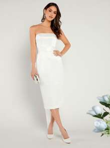 SHEIN Belle Solid Tube Wedding Dress - White - View 2