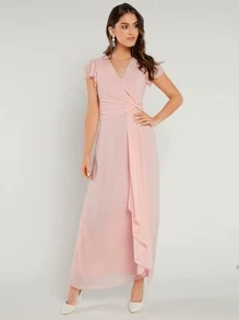 SHEIN Belle Solid Ruffle Trim Draped Front Bridesmaid Dress - Baby Pink - View 1