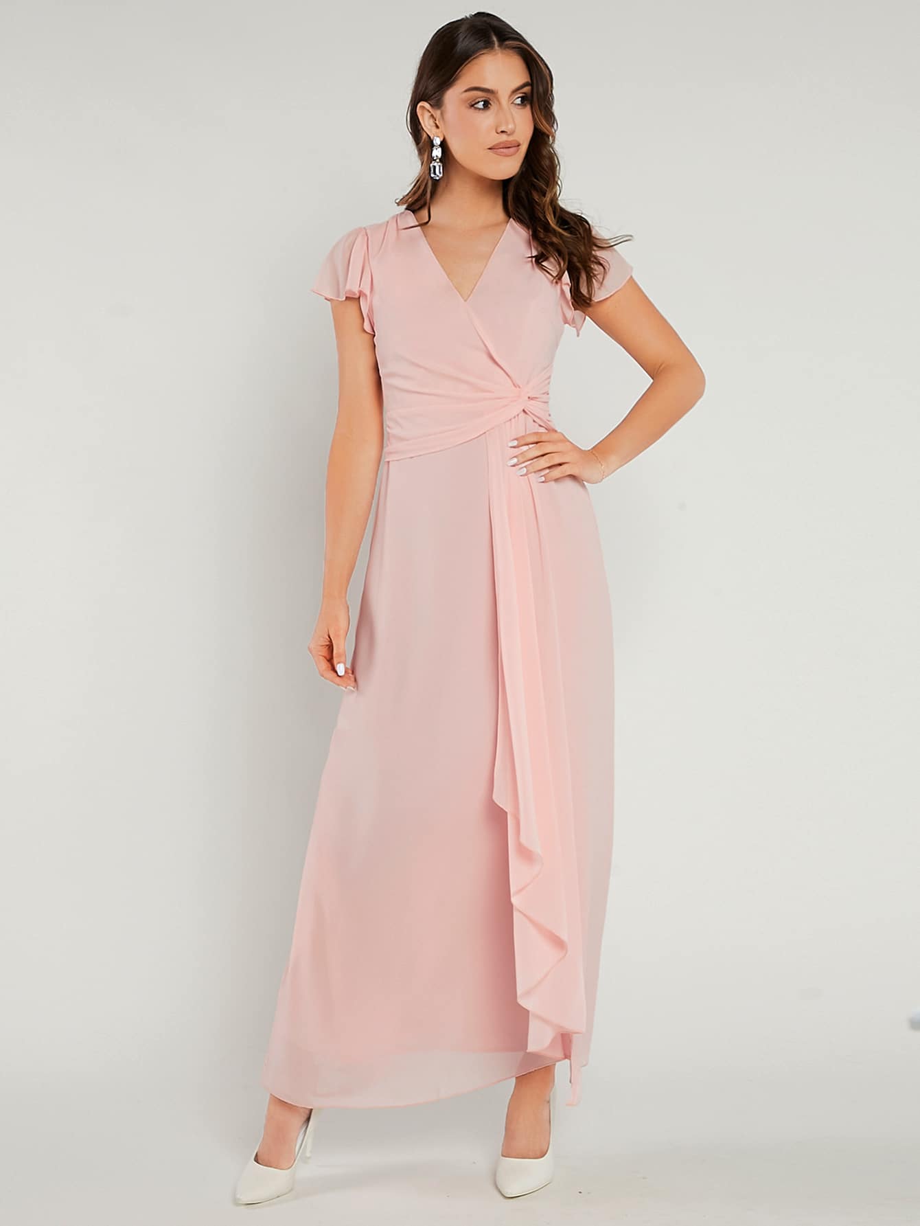 SHEIN Belle Solid Ruffle Trim Draped Front Bridesmaid Dress - Baby Pink - View 1