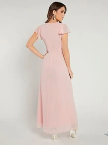 SHEIN Belle Solid Ruffle Trim Draped Front Bridesmaid Dress - Baby Pink - View 2