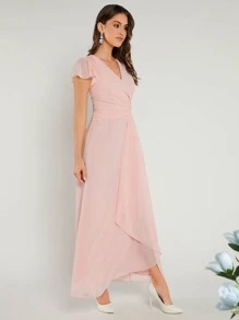 SHEIN Belle Solid Ruffle Trim Draped Front Bridesmaid Dress - Baby Pink - View 3