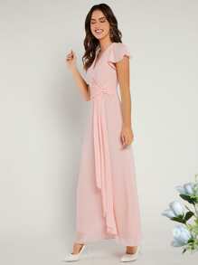 SHEIN Belle Solid Ruffle Trim Draped Front Bridesmaid Dress - Baby Pink - View 5