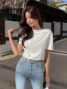 DAZY Chất rắn Cổ không đối xứng Áo thun - trắng - Xem 3