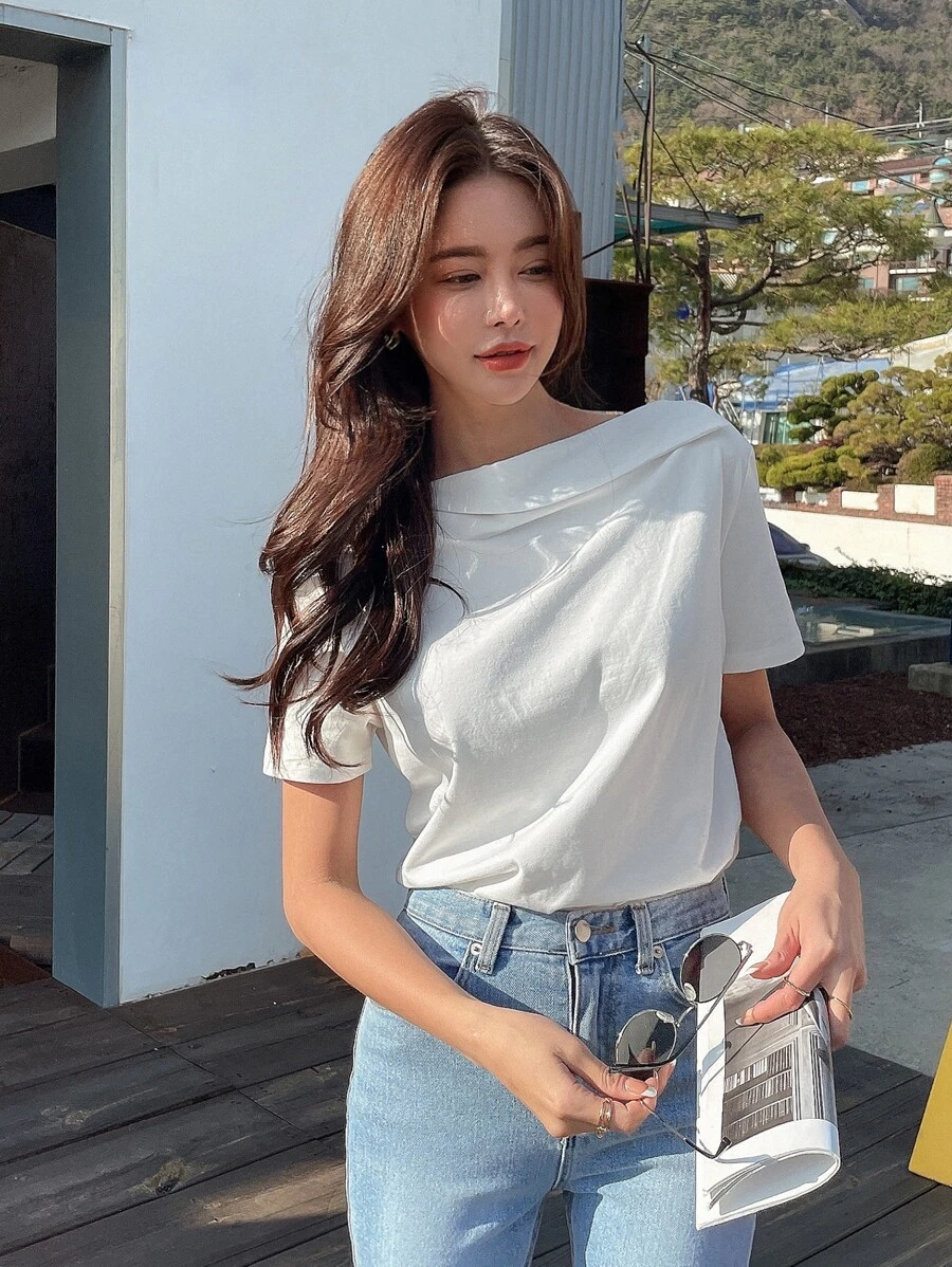 DAZY Chất rắn Cổ không đối xứng Áo thun - trắng - Xem 1