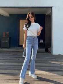 DAZY Chất rắn Cổ không đối xứng Áo thun - trắng - Xem 7