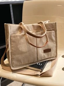 Portable,Lightweight Letter Patch Shopper Bag, Stylish Linen, PVC Bag For Groceries & Gifts White-Collar Workers,Teacher,For Teen Girls Women College Students Teachers' Day,Work,Business,Commute,CollegeSchool Backpack,School Bag,Large Capacity,Portable, Suitable For Teen Girls Women College Students, Perfect For Back To School,College,Shopping,Holiday,Middle School, High School, Large School Tote Bag, Multiple Compartments, Perfect For Beach, School, Work & Daily Use - Khaki - View 4