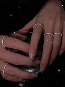 5pcs Copper Material Open Ring Set With Star & Sparkling Effect For Daily & Night Club Wear - Silver - View 1