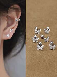 Set de 6 piezas/2 piezas Pendientes de tuerca de cobre con diseño de mariposa, con cierre de seguridad, para perforaciones de cartílago de la oreja - Plateado - Ver 4