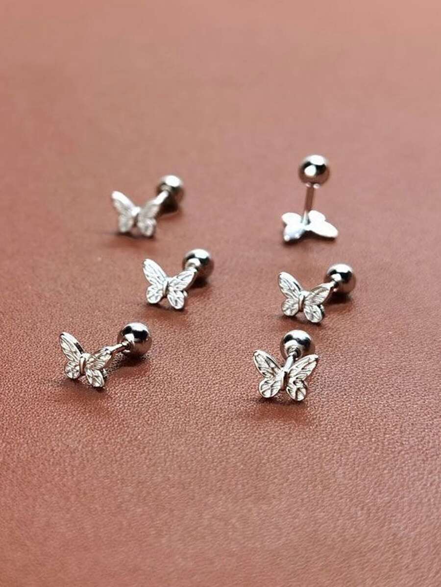 Set de 6 piezas/2 piezas Pendientes de tuerca de cobre con diseño de mariposa, con cierre de seguridad, para perforaciones de cartílago de la oreja - Plateado - Ver 1