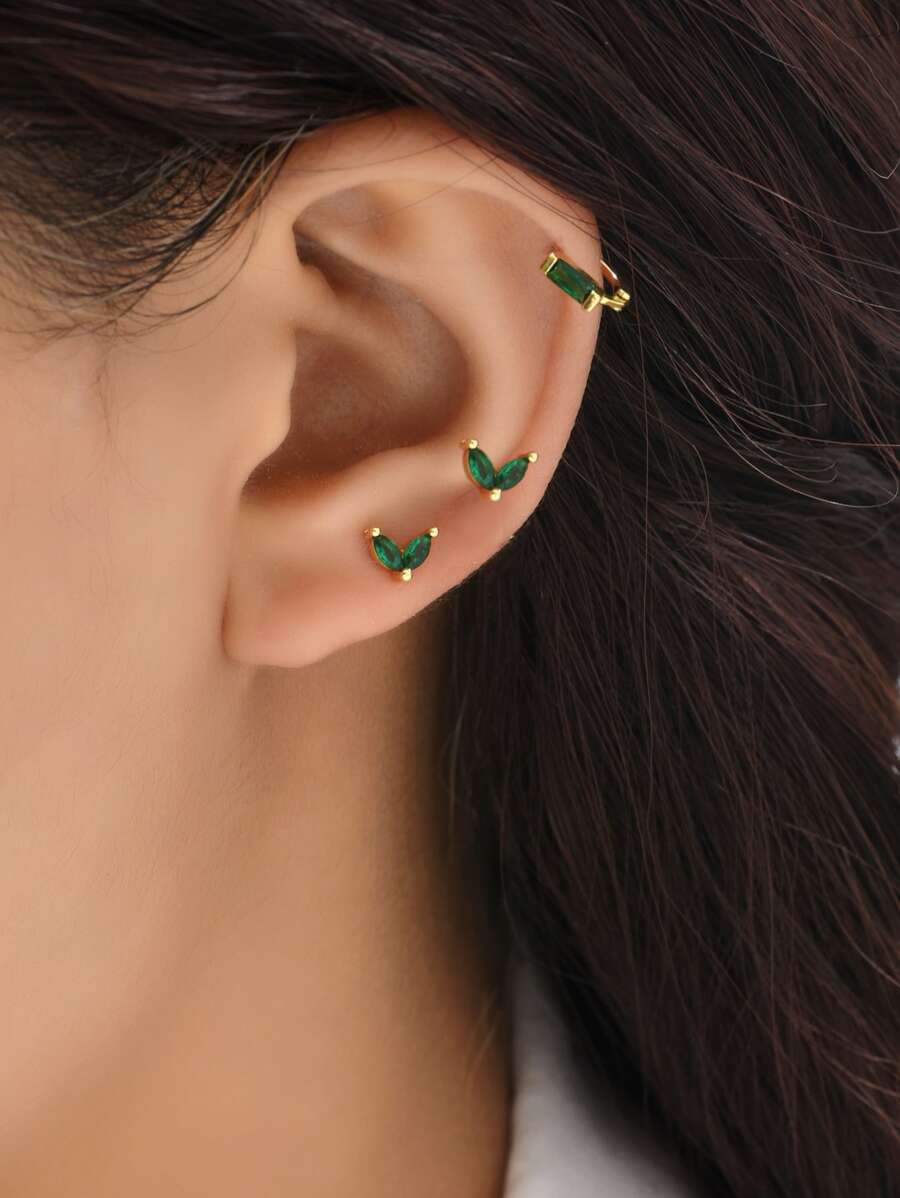 3pcs Cubic Zirconia Decor Earrings - Yellow Gold - View 1