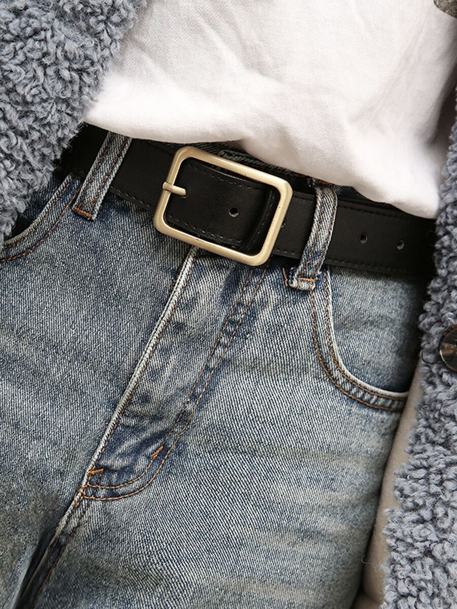 1 cinturón de mujer con hebilla cuadrada sólida negra informal a la moda para la vida diaria - Negro - Ver 1