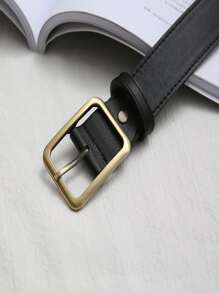 1 cinturón de mujer con hebilla cuadrada sólida negra informal a la moda para la vida diaria - Negro - Ver 3