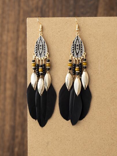 2pcs Vintage Exaggerated Feather Tassel Earrings