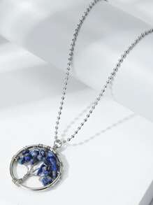 Stone Decor Round Pendant Necklace - Blue - View 1