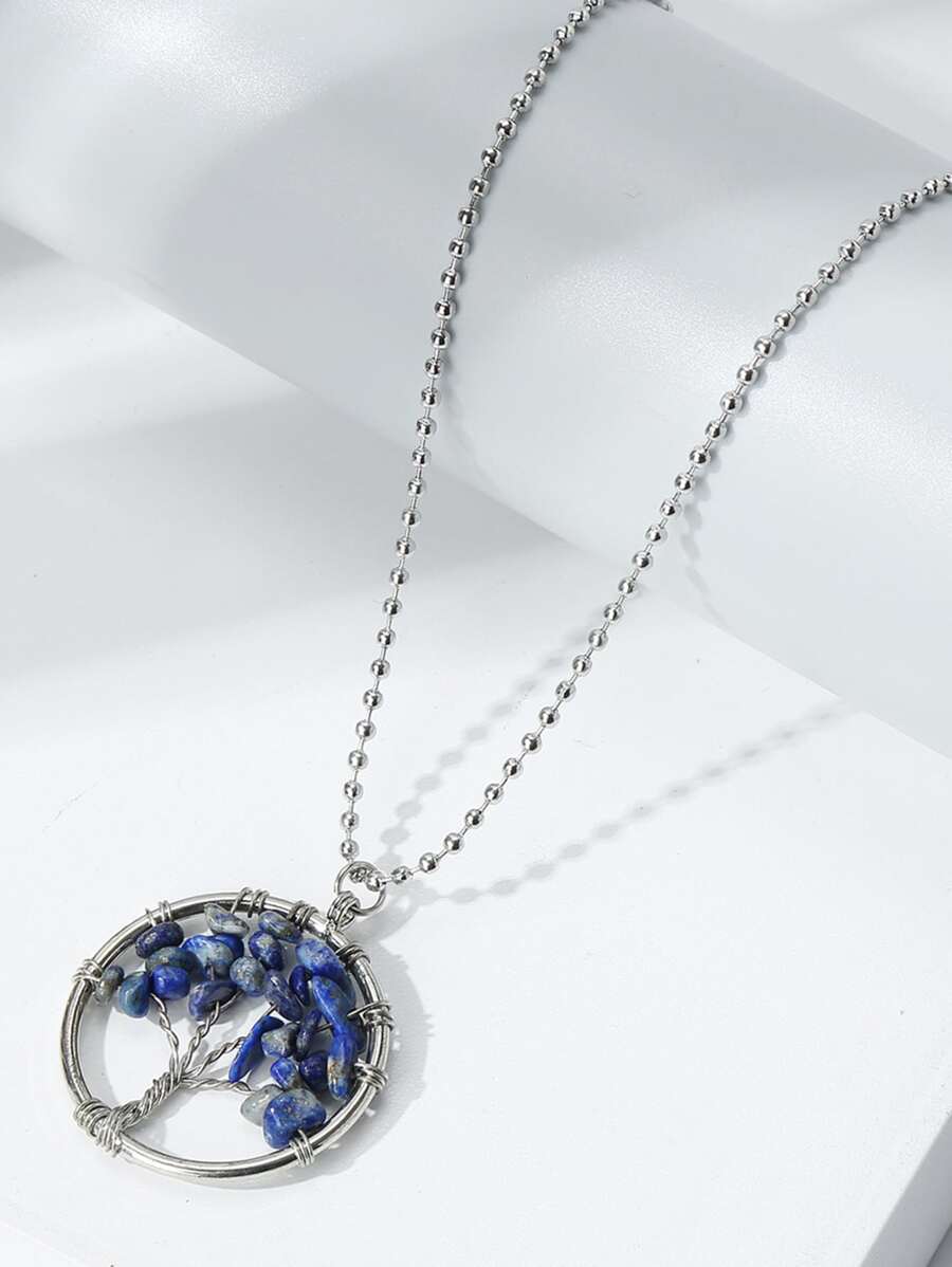 Stone Decor Round Pendant Necklace - Blue - View 1