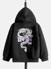 SHEIN 小男童字母和中國龍圖案連帽衫