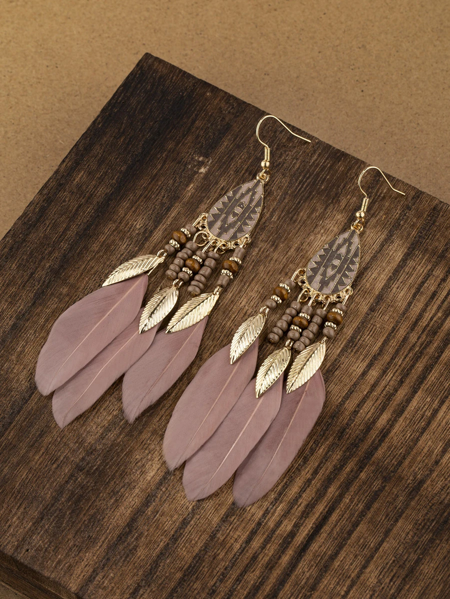 2pcs/Set Women Feather Tassel Earrings, Fashion Versatile For Daily Wear - Multicolor - View 1
