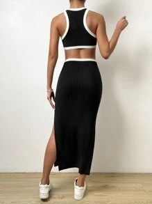 SHEIN Unity Đầm Cắt ra Gân đan Tương phản ràng buộc Tách cao màu trơn Giải trí - màu đen - Xem 2