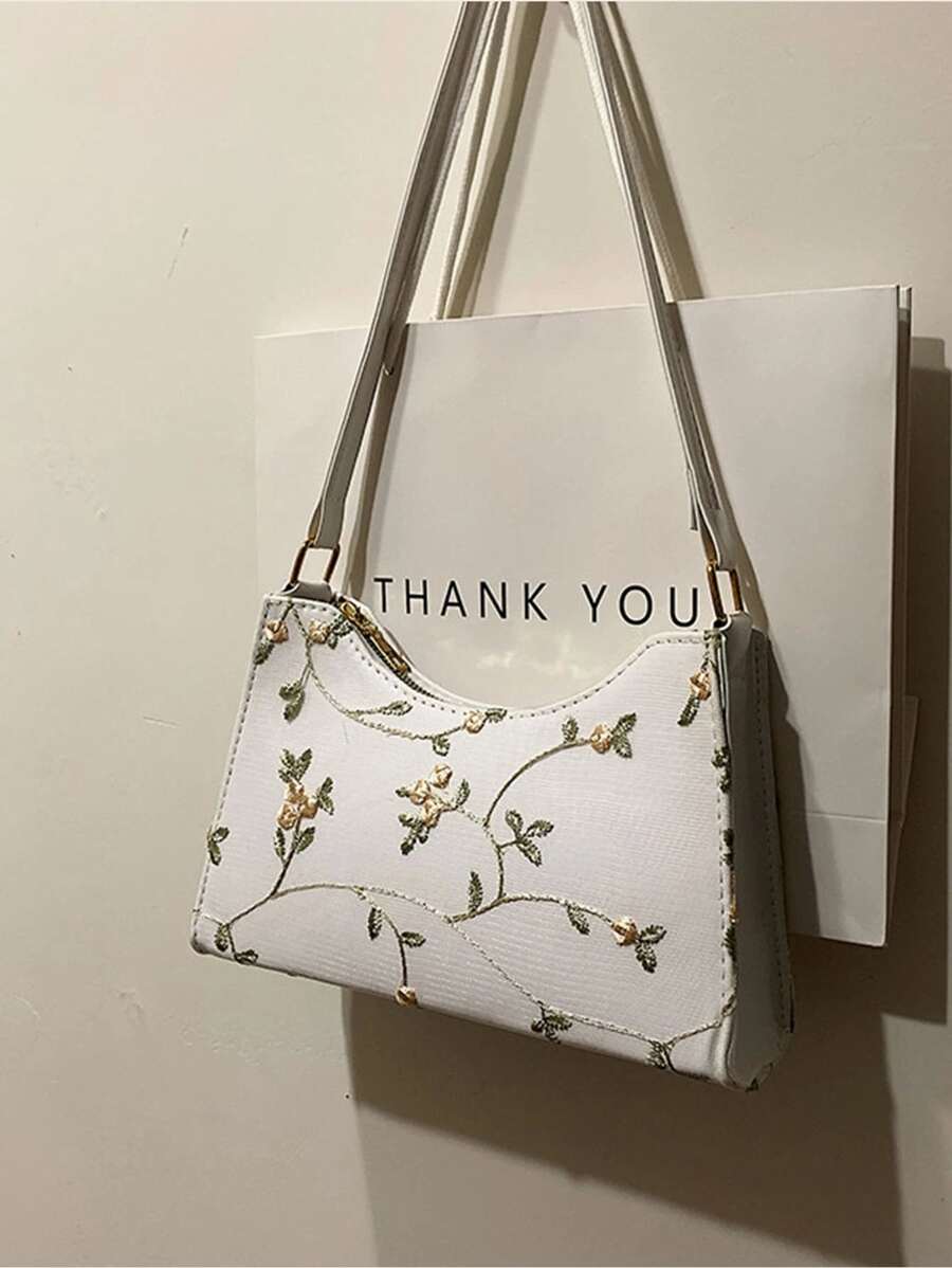 Floral Embroidered Bag - White - View 1