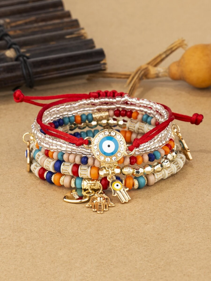 6 peças/conjunto de detalhes de olho Hamsa mão e coração charme pulseira de contas conjunto de pulseiras femininas de contas multicamadas conjunto de pulseiras boho olho do diabo pingente de olho joias namorados, mãe, mãe, dia das mães, presente