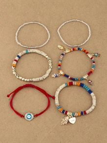 6 peças/conjunto de detalhes de olho Hamsa mão e coração charme pulseira de contas conjunto de pulseiras femininas de contas multicamadas conjunto de pulseiras boho olho do diabo pingente de olho joias namorados, mãe, mãe, dia das mães, presente