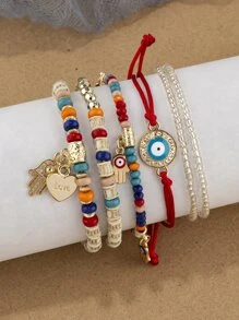 6 peças/conjunto de detalhes de olho Hamsa mão e coração charme pulseira de contas conjunto de pulseiras femininas de contas multicamadas conjunto de pulseiras boho olho do diabo pingente de olho joias namorados, mãe, mãe, dia das mães, presente