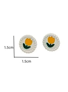 Flower Detail Round Stud Earrings - Multicolor - View 4