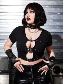 ROMWE PUNK Áo thun Plus size Cắt ra Thùa khuyết màu trơn Gợi cảm - màu đen - Xem 1