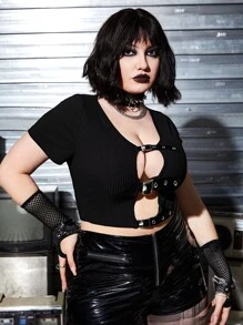 ROMWE PUNK Áo thun Plus size Cắt ra Thùa khuyết màu trơn Gợi cảm - màu đen - Xem 4