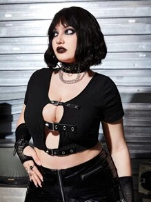 ROMWE PUNK Áo thun Plus size Cắt ra Thùa khuyết màu trơn Gợi cảm - màu đen - Xem 5