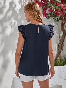 SHEIN Maternity Laser Cut Out Cap Sleeve Blouse - Navy Blue - View 2