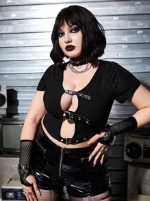 ROMWE PUNK Áo thun Plus size Cắt ra Thùa khuyết màu trơn Gợi cảm - màu đen - Xem 6