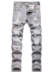 Men Ripped Frayed Skinny Jeans - Grey - View 1