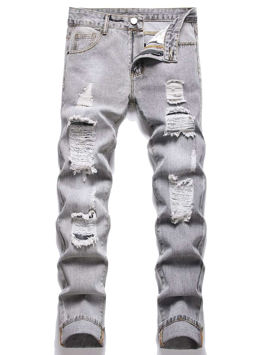 Men Ripped Frayed Skinny Jeans - Grey - View 1