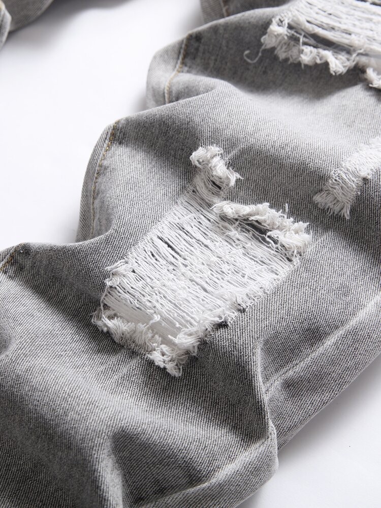 Men Ripped Frayed Skinny Jeans - Grey - View 6