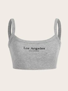 SHEIN EZwear Áo hai dây Gân đan Lá thư Giải trí - Màu Xám nhạt - Xem 2