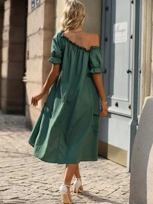 SHEIN LUNE Asymmetrical Neck Frill Trim Puff Sleeve Dress - Army Green - View 2