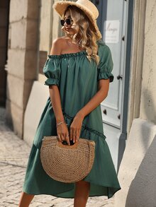 SHEIN LUNE Asymmetrical Neck Frill Trim Puff Sleeve Dress - Army Green - View 4
