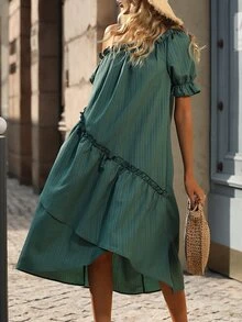 SHEIN LUNE Asymmetrical Neck Frill Trim Puff Sleeve Dress - Army Green - View 6