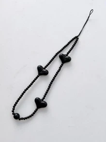 1pc Heart Decor Beaded Phone Lanyard - Black - View 2
