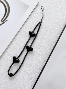1pc Heart Decor Beaded Phone Lanyard - Black - View 3