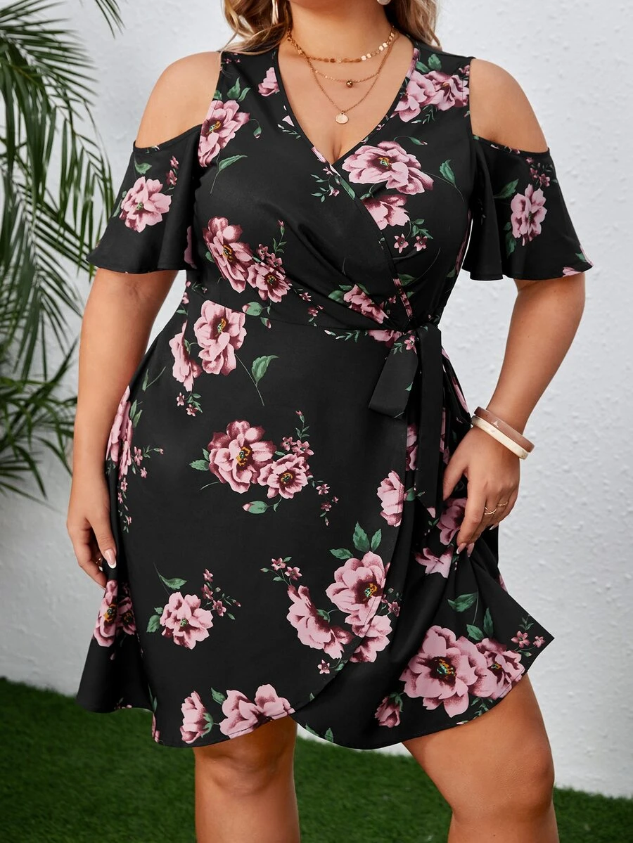 SHEIN VCAY Plus Floral Print Cold Shoulder Knot Side Wrap Dress - Black - View 1