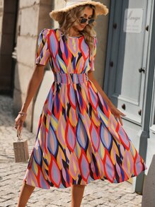 SHEIN VCAY Allover Print Puff Sleeve A-line Dress - Multicolor - View 1