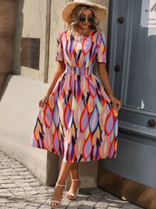 SHEIN VCAY Allover Print Puff Sleeve A-line Dress - Multicolor - View 3