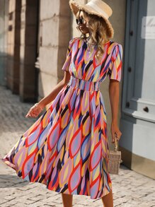 SHEIN VCAY Allover Print Puff Sleeve A-line Dress - Multicolor - View 4