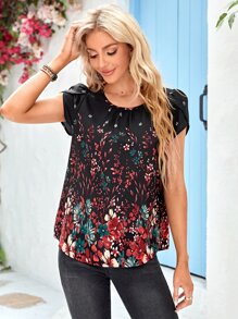 SHEIN LUNE Blusa con estampado floral manga tulipán - Negro - Ver 4