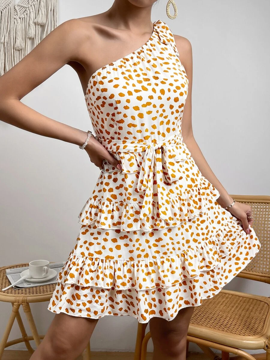 SHEIN WYWH Dalmatian Print One Shoulder Layered Hem Belted Dress - Beige - View 1