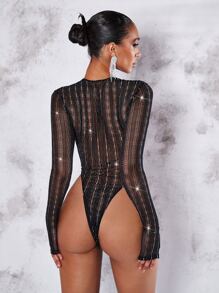 SHEIN BAE 水鑽細節高衩網紗連體衣 - 黑色 - 查看 11